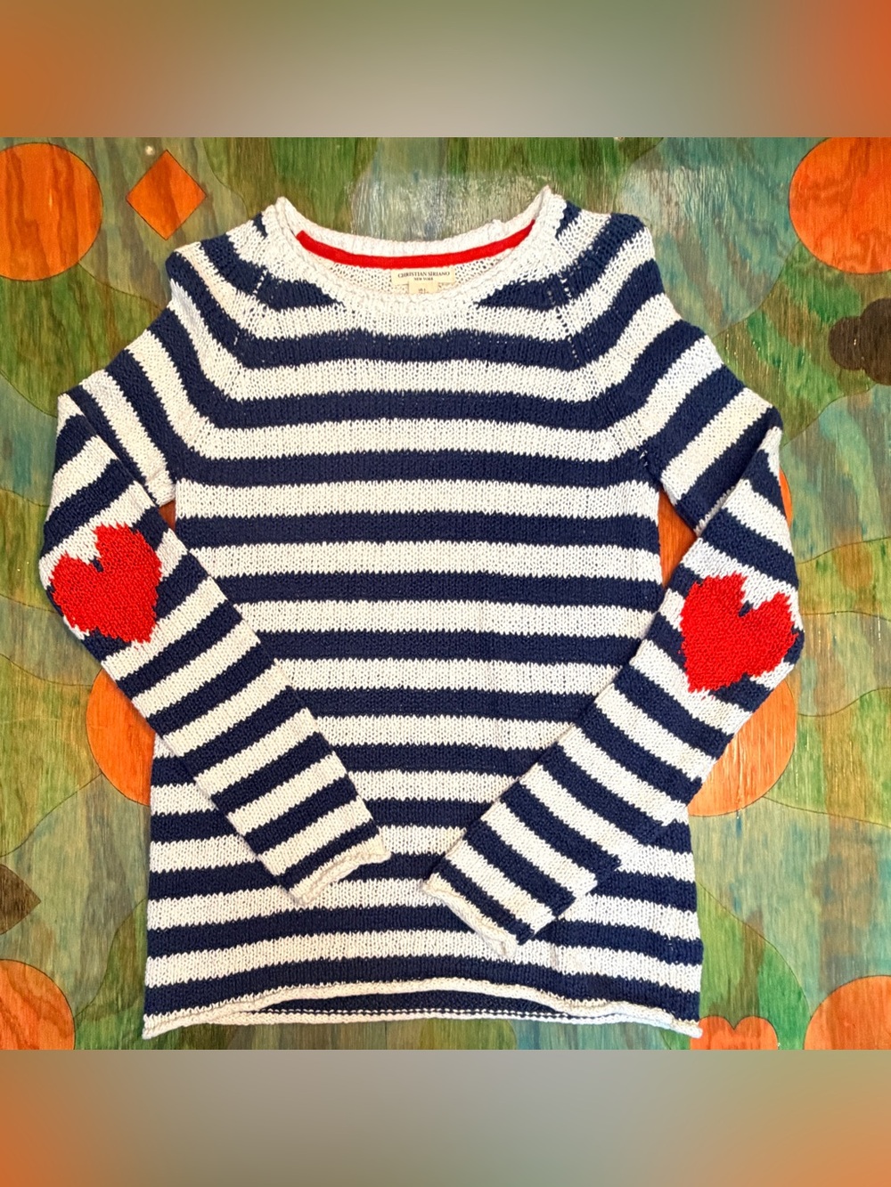 Christian Siriano Heart Sweater Womens Sz Small Blue Striped Nautical Cotton Pul